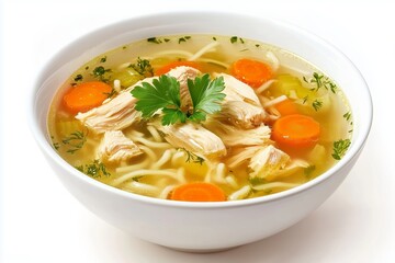Delicious bowl of clear chicken noodle soup with tender chicken, carrots, and herbs served on a white background