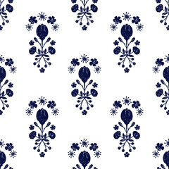 Floral Geometric Seamless Pattern. Hand Drawn Plants Motif in Doodle Style. Botanical Monochrome Symmetrical Elements on White Background. Vector Illustration for Print Textile, Paper, Wallpaper