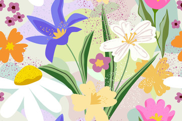 Hand drawn seamless floral pattern. Bright botanical spring pattern with abstract flowers. Large and small colorful flowers.