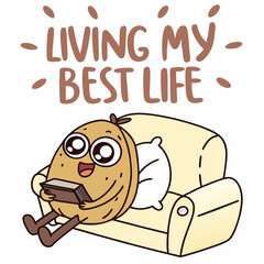 Cute potato character living best life on sofa with transparent background