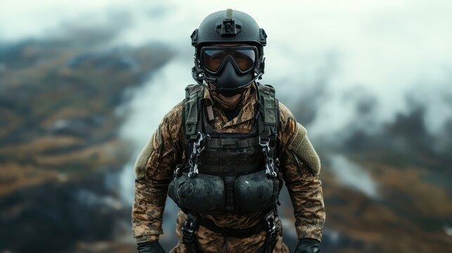 A soldier in tactical gear stands amongst clouds, embodying readiness and determination, showcasing the intensity and commitment of military personnel in the field.