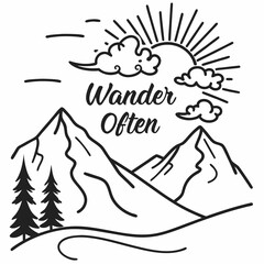 Wander often mountains sun clouds trees line art illustration