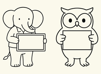 Editable Animal Message Signs Elephant & Owl Holding Blank Posters Illustration