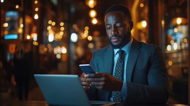 Focused african entrepreneur uses smartphone during evening work at a coffee shop laptop present
