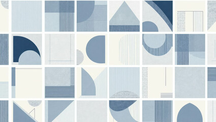 Geometric collage in soothing blue tones. Modern abstract shapes create visual interest. Ideal for artistic expression and textiles. Perfect for contemporary decor and design projects.