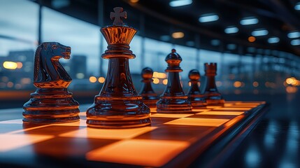 Chess pieces on a lit board, urban backdrop