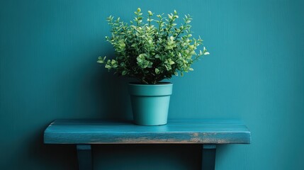 Potted Plant on Blue Wooden Shelf Against Matching Wall Tranquil Indoor Aesthetic Still Life Shot