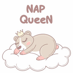 Adorable bear nap queen sleeping on cloud cute cartoon illustration