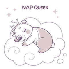Adorable bear cub nap queen sleeping on cloud crown stars dreamy cute