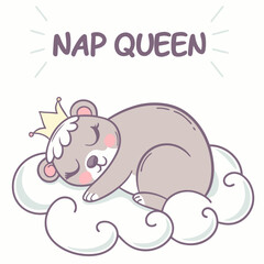 Adorable bear nap queen sleeping on cloud cute cartoon illustration