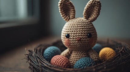A cute crocheted bunny sits in a nest surrounded by colorful, knitted eggs, creating a cozy and festive atmosphere