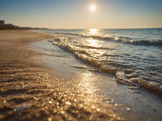 Soft bokeh view of a sunlit sandy beach with sea breeze gently blurring the horizon line and sparkling ocean waves under summer light capturing a minimal yet warm seasonal mood this