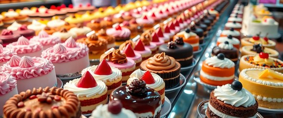 Rows of delectable cakes and pastries, artfully arranged on display, appetizing, stand