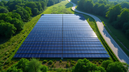 Aerial View of a Large-Scale Solar Panel Farm in a Green Forest Landscape with Roadside Access.