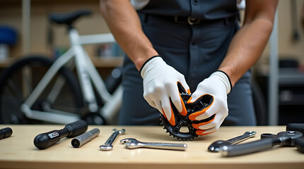 Mechanic Hands Assembling Bike Chainring with Tools on Workshop Table.