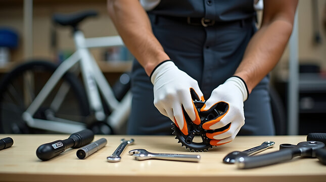 Mechanic Hands Assembling Bike Chainring with Tools on Workshop Table.