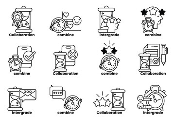 The image is a collection of different time-related icons, including clocks
