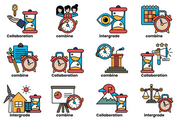 The image is a collection of different clock faces with various words