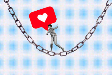 Image pop banner 3d photo collage of happy guy listen music headphones dance chain like reaction...