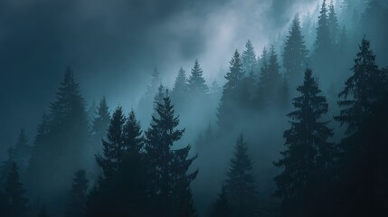 Misty evergreen forest with tall pine trees shrouded in fog under a moody, dark sky