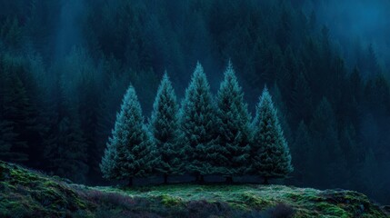 A row of tall evergreen trees stands on a lush, mossy hill, with a dense, misty forest in the background under soft blue light