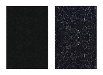 The image shows two granite slabs, one with a dark solid color and another with a veined pattern over a dark surface. The granite slabs showcase the textures.