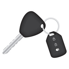 A modern vehicle key on a keyring features remote locking and security functionalities. It is designed for car access and advanced security, shown on a white background.