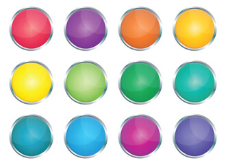 A collection of twelve shiny round buttons is displayed against a white background. Each button has a metal frame and is a different color, creating a visually appealing arrangement.