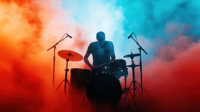 A striking silhouette of a drummer surrounded by vibrant smoke in shades of red and blue, capturing the energy and intensity of live music performance.