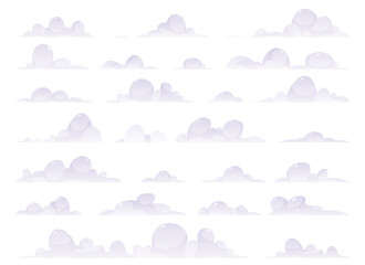 A clean illustration of multiple fluffy cartoon clouds on a seamless white background, offering versatile use for weather-related designs, playful sky backgrounds and artistic projects.