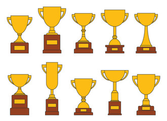 A collection of golden trophies showcasing varying designs, representing different types of competition and achievement, against a plain backdrop.