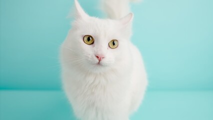 White turkish angora cat posing on light blue background