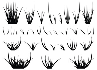This image features a collection of assorted tufts and individual blades of grass, depicted as black silhouettes against a white background. The grass shows varying heights and densities.
