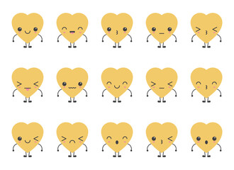 A collection of cute, yellow heart-shaped characters are displayed with a variety of expressions, from happy smiles to winks and frowns, all with simple arms and legs.