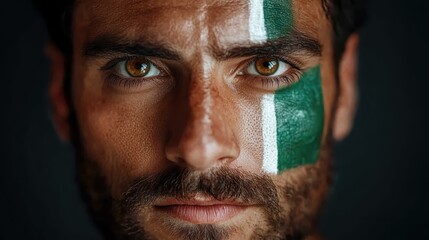 A man with striking facial paint stands solemnly, exuding intensity and focus, representing the spirit of competition and passion with a dramatic visual impact.