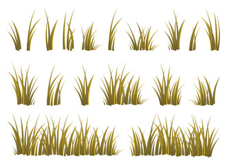 An illustration features clumps of green and brown grass blades arranged against a stark white background. The grass is presented in varying densities, creating a natural scene.