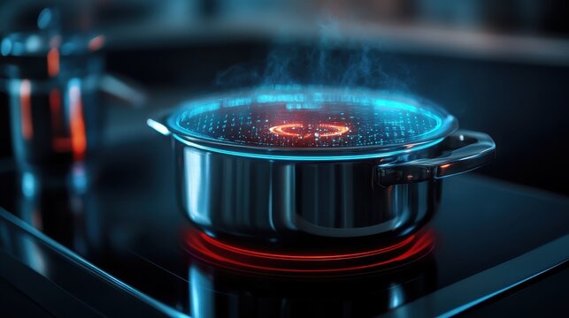 A sleek, futuristic pot giving off steam, with a holographic digital overlay. The image perfectly blends modern cooking technology with an innovative design concept.