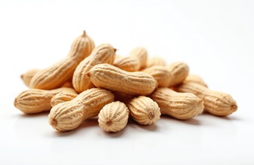 Fototapeta premium Pile of peanuts on white background. Healthy snack for vegetarians. Peanuts are popular nuts with high protein. Ingredient for peanut butter. Concept of organic food, diet.