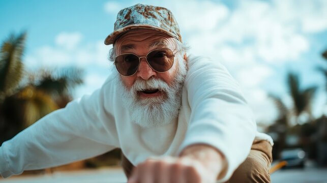 An energetic senior man joyfully skateboarding under a sunny sky, representing the spirit of adventure and happiness regardless of age in an engaging outdoor environment.