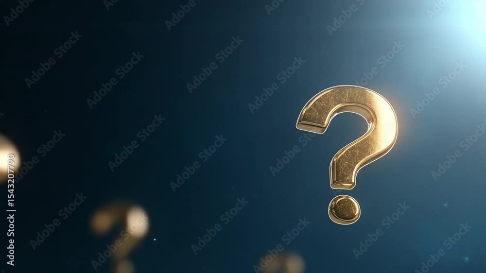 Poster the enigmatic query: an elegant display of golden question marks, set against a dark, atmospheric ba