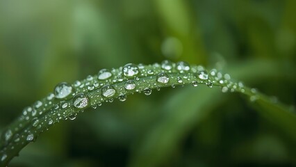Close-up of a green leaf adorned with glistening water droplets, creating a serene and refreshing natural scene.