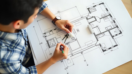 Architect Designing Building Floor Plan on Paper – Close-Up of Hands with Pencil.