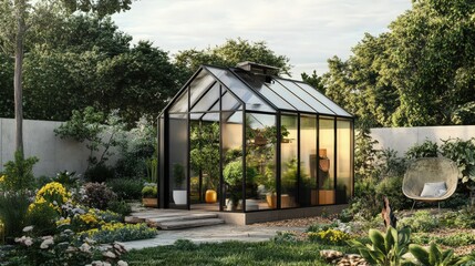 Gardener tending to potted plants inside a bright, sunlit greenhouse, showcasing horticulture and plant care.