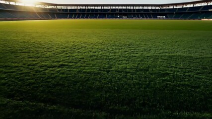 Expansive view of a pristine sports field at sunrise, highlighting lush green grass and empty stadium seating, creating an inviting atmosphere for events