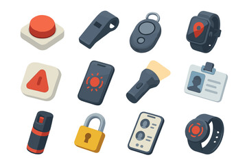 Safety gadgets set with accessories and tools for personal security