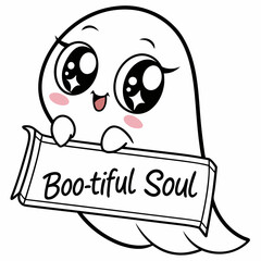 Adorable kawaii ghost holding boo-tiful soul sign halloween cartoon illustration
