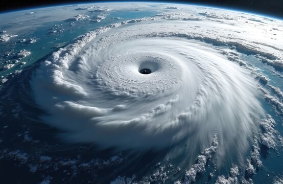 Satellite view of a powerful hurricane from space. Shows the eye spiral bands of this weather phenomenon over ocean and planet Earth. Extreme storm system, natural disaster, climate change impact.