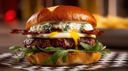 A gourmet burger with bacon, arugula, egg, cheese sauce, and a pretzel bun sits on a checkered paper, looking juicy and delicious