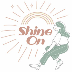 Fototapeta premium Woman sitting shine on rainbow sunburst illustration