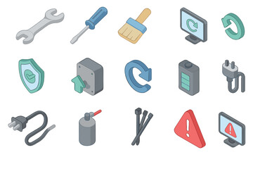 Obraz premium Colorful 3d icons of tools and technology on dark background